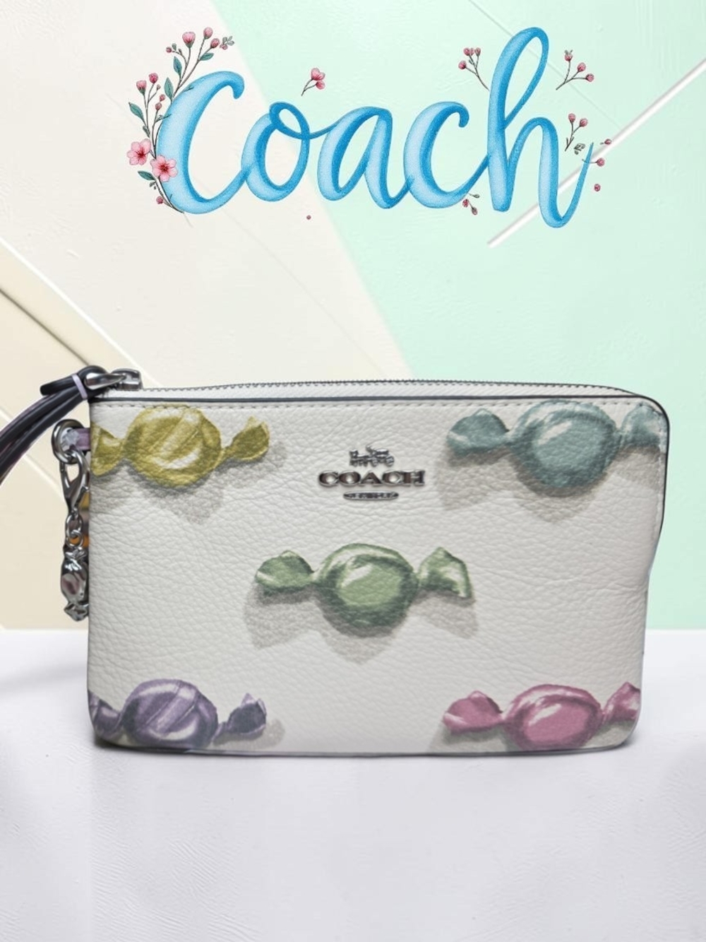 COACH Corner Zip Wristlet with Candy Print & Charm in Chalk/Jasmine NWT & Dusty
